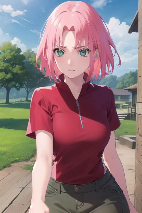 sakuraharuno, <lyco:sakura haruno shippuuden-lyco-nochekaiser:1>,
noheadband sakura haruno, short hair, (green eyes:1.5), pink hair,
BREAK shirt, (red shirt:1.5), short sleeves, vest,
BREAK outdoors, forest, sky, clouds, nature, sun,
BREAK looking at viewer, (cowboy shot:1.5),
BREAK <lyco:GoodHands-beta2:1>, (masterpiece:1.2), best quality, high resolution, unity 8k wallpaper, (illustration:0.8), (beautiful detailed eyes:1.6), extremely detailed face, perfect lighting, extremely detailed CG, (perfect hands, perfect anatomy),