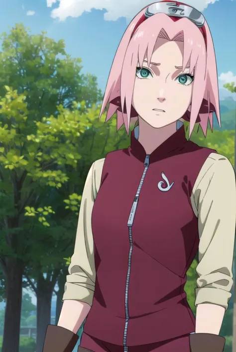sakuraharuno, <lyco:sakura haruno shippuuden-lyco-nochekaiser:1>,
default sakura haruno, short hair, (green eyes:1.5), pink hair, (parted bangs:1.5), hairband, forehead protector,
BREAK gloves, green eyes, sleeveless, black gloves, red shirt, zipper, forehead protector, konohagakure symbol, boots, bike shorts, zipper, toeless footwear,
BREAK outdoors, forest, sky, clouds, nature, sun,
BREAK looking at viewer, (cowboy shot:1.5),
BREAK <lyco:GoodHands-beta2:1>, (masterpiece:1.2), best quality, high resolution, unity 8k wallpaper, (illustration:0.8), (beautiful detailed eyes:1.6), extremely detailed face, perfect lighting, extremely detailed CG, (perfect hands, perfect anatomy),