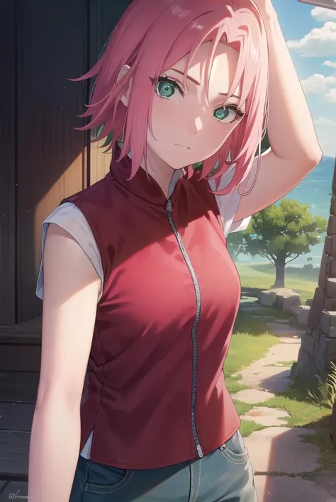 sakuraharuno, <lyco:sakura haruno shippuuden-lyco-nochekaiser:1>,
noheadband sakura haruno, short hair, (green eyes:1.5), pink hair,
BREAK shirt, (red shirt:1.5), short sleeves, vest,
BREAK outdoors, forest, sky, clouds, nature, sun,
BREAK looking at viewer, (cowboy shot:1.5),
BREAK <lyco:GoodHands-beta2:1>, (masterpiece:1.2), best quality, high resolution, unity 8k wallpaper, (illustration:0.8), (beautiful detailed eyes:1.6), extremely detailed face, perfect lighting, extremely detailed CG, (perfect hands, perfect anatomy),