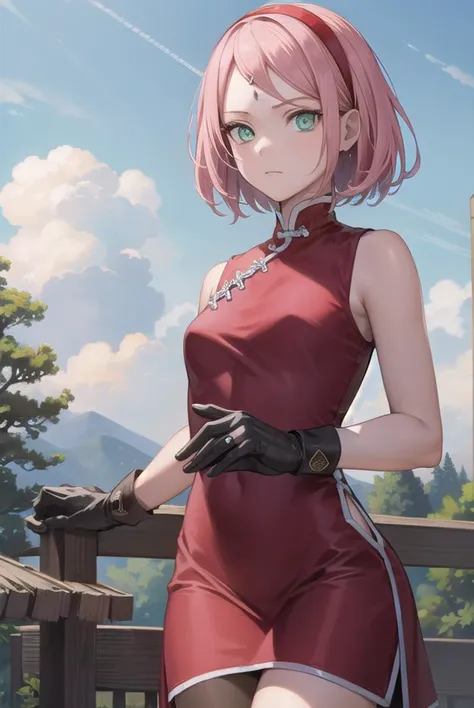 sakuraharuno, <lyco:sakuraharunov3-lyco-nochekaiser:1>,
sakura haruno, short hair, bangs, (green eyes:1.5), pink hair, hairband, facial mark, (forehead mark:1.2), red hairband, (swept bangs:1.5), (small breast:1.2),
BREAK chinese clothes, dress, (red dress:1.3), short skirt, black shorts, gloves, black gloves, sleeveless,
BREAK outdoors, forest, nature, sky, cloud, sun,
BREAK looking at viewer, (cowboy shot:1.5),
BREAK <lyco:GoodHands-beta2:1>, (masterpiece:1.2), best quality, high resolution, unity 8k wallpaper, (illustration:0.8), (beautiful detailed eyes:1.6), extremely detailed face, perfect lighting, extremely detailed CG, (perfect hands, perfect anatomy),