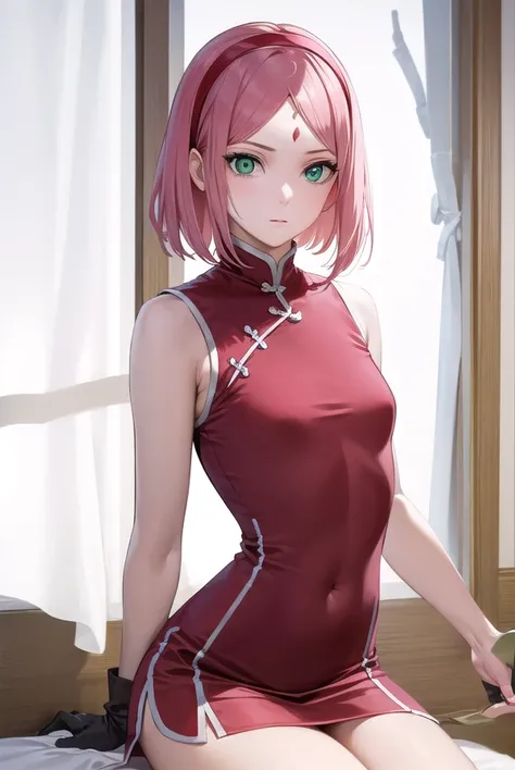 sakuraharuno, <lyco:sakuraharunov2-lyco-nochekaiser:1>,
sakura haruno, short hair, bangs, (green eyes:1.5), pink hair, hairband, facial mark, (forehead mark:1.2), red hairband, (swept bangs:1.5), (small breast:1.2),
BREAK chinese clothes, dress, (red dress:1.3), short skirt, black shorts, gloves, black gloves, sleeveless,
BREAK looking at viewer,
BREAK indoors, bed,
BREAK <lyco:GoodHands-beta2:1>, (masterpiece:1.2), best quality, high resolution, unity 8k wallpaper, (illustration:0.8), (beautiful detailed eyes:1.6), extremely detailed face, perfect lighting, extremely detailed CG, (perfect hands, perfect anatomy),