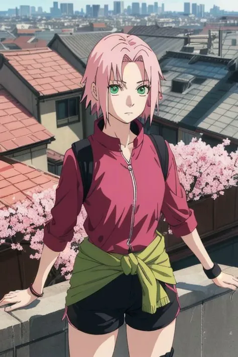 1 girl, Sakura Haruno, short pink hair, green eyes, red shirt, pink tied around waist, black shorts, neutral expression, city rooftops, at day, anime, close view, best quality.