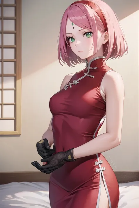 sakuraharuno, <lyco:sakuraharunov2-lyco-nochekaiser:1>,
sakura haruno, short hair, bangs, (green eyes:1.5), pink hair, hairband, facial mark, (forehead mark:1.2), red hairband, (swept bangs:1.5), (small breast:1.2),
BREAK chinese clothes, dress, (red dress:1.3), short skirt, black shorts, gloves, black gloves, sleeveless,
BREAK looking at viewer,
BREAK indoors, bed,
BREAK <lyco:GoodHands-beta2:1>, (masterpiece:1.2), best quality, high resolution, unity 8k wallpaper, (illustration:0.8), (beautiful detailed eyes:1.6), extremely detailed face, perfect lighting, extremely detailed CG, (perfect hands, perfect anatomy),