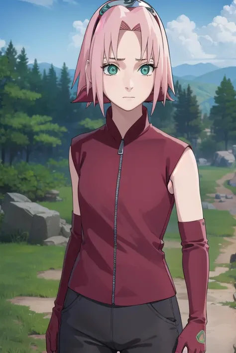 sakuraharuno, <lyco:sakura haruno shippuuden-lyco-nochekaiser:1>,
default sakura haruno, short hair, (green eyes:1.5), pink hair, (parted bangs:1.5), hairband, forehead protector,
BREAK gloves, green eyes, sleeveless, black gloves, red shirt, zipper, forehead protector, konohagakure symbol, boots, bike shorts, zipper, toeless footwear,
BREAK outdoors, forest, sky, clouds, nature, sun,
BREAK looking at viewer, (cowboy shot:1.5),
BREAK <lyco:GoodHands-beta2:1>, (masterpiece:1.2), best quality, high resolution, unity 8k wallpaper, (illustration:0.8), (beautiful detailed eyes:1.6), extremely detailed face, perfect lighting, extremely detailed CG, (perfect hands, perfect anatomy),