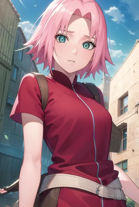 sakuraharuno, <lyco:sakura haruno shippuuden-lyco-nochekaiser:1>,
noheadband sakura haruno, short hair, (green eyes:1.5), pink hair,
BREAK shirt, (red shirt:1.5), short sleeves, vest,
BREAK outdoors, forest, sky, clouds, nature, sun,
BREAK looking at viewer, (cowboy shot:1.5),
BREAK <lyco:GoodHands-beta2:1>, (masterpiece:1.2), best quality, high resolution, unity 8k wallpaper, (illustration:0.8), (beautiful detailed eyes:1.6), extremely detailed face, perfect lighting, extremely detailed CG, (perfect hands, perfect anatomy),