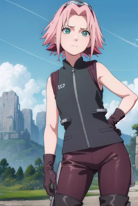 sakuraharuno, <lyco:sakura haruno shippuuden-lyco-nochekaiser:1>,
default sakura haruno, short hair, (green eyes:1.5), pink hair, (parted bangs:1.5), hairband, forehead protector,
BREAK gloves, green eyes, sleeveless, black gloves, red shirt, zipper, forehead protector, konohagakure symbol, boots, bike shorts, zipper, toeless footwear,
BREAK outdoors, forest, sky, clouds, nature, sun,
BREAK looking at viewer, (cowboy shot:1.5),
BREAK <lyco:GoodHands-beta2:1>, (masterpiece:1.2), best quality, high resolution, unity 8k wallpaper, (illustration:0.8), (beautiful detailed eyes:1.6), extremely detailed face, perfect lighting, extremely detailed CG, (perfect hands, perfect anatomy),