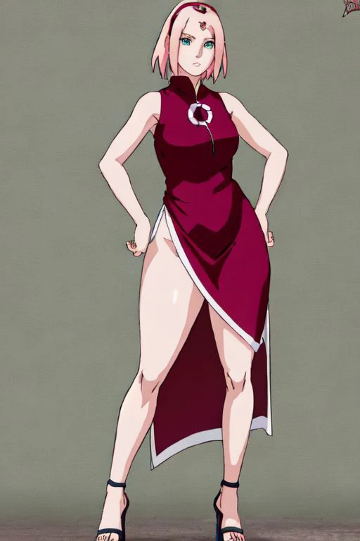 sakura haruno, slim waist, big ass, big thighs, long legs, high heels, green eyes, pink hair, red dress, bigger thighs, busty