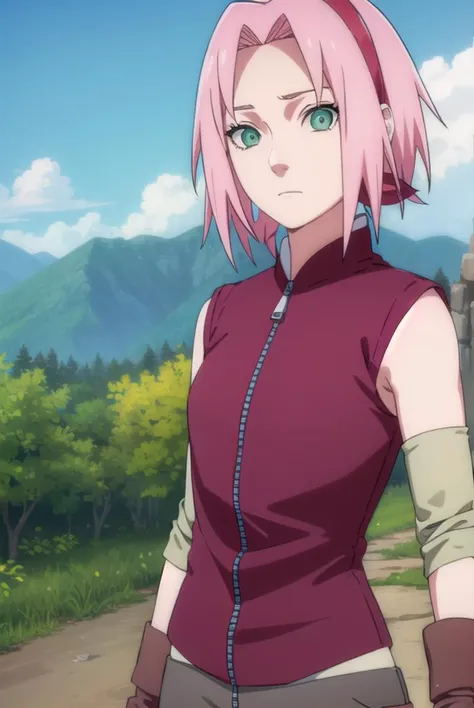 sakuraharuno, <lyco:sakura haruno shippuuden-lyco-nochekaiser:1>,
default sakura haruno, short hair, (green eyes:1.5), pink hair, (parted bangs:1.5), hairband, forehead protector,
BREAK gloves, green eyes, sleeveless, black gloves, red shirt, zipper, forehead protector, konohagakure symbol, boots, bike shorts, zipper, toeless footwear,
BREAK outdoors, forest, sky, clouds, nature, sun,
BREAK looking at viewer, (cowboy shot:1.5),
BREAK <lyco:GoodHands-beta2:1>, (masterpiece:1.2), best quality, high resolution, unity 8k wallpaper, (illustration:0.8), (beautiful detailed eyes:1.6), extremely detailed face, perfect lighting, extremely detailed CG, (perfect hands, perfect anatomy),