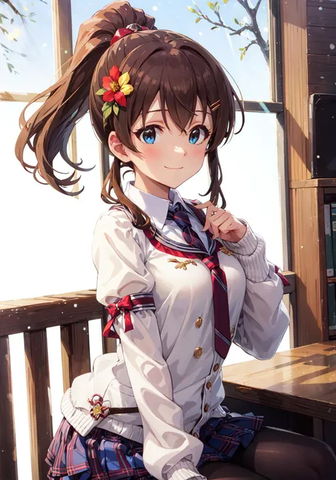 1girl, minako satake (million live), brown hair, ponytail, (best quality, 8K, masterpiece, ultra detailed:1.2), (lens flare, light particles, sparkle), depth of field, day, dappled sunlight, 1girl, solo, (winter clothes:1.2), puffy sleeves long sleeves, black pantyhose, school uniform, blue sweater, necktie, hair flower, hairclip, pleated skirt, layered sleeves, layered sleeves, plaid, seductive smile,