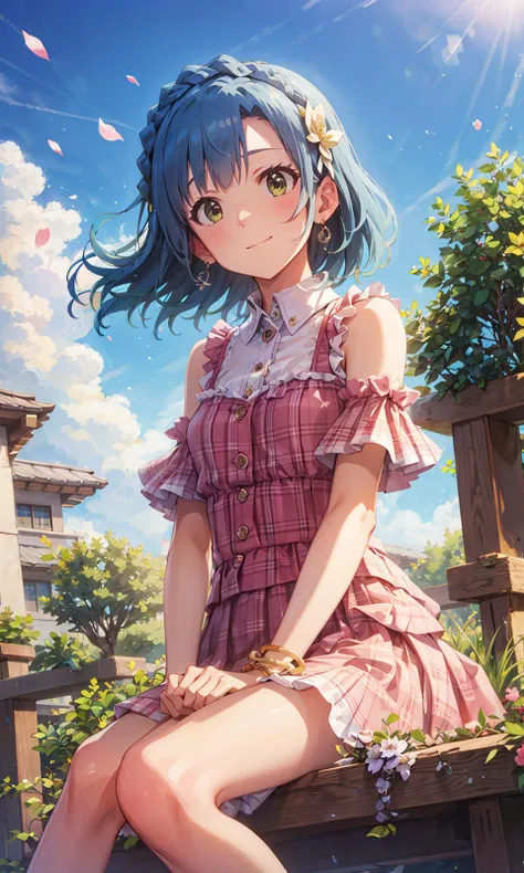 yuriko nanao (million live), (best quality, 8K, masterpiece, ultra detailed:1.2), cinematic angle,
day, dappled sunlight, blue sky, beautiful clouds, lens flare, sparkle, light particles, wide shot,
1girl, solo, shirt, bracelet, earring, alley, sitting, slight smile, head tilt, blush, shy, floating petals, floating hair, wind, from below,