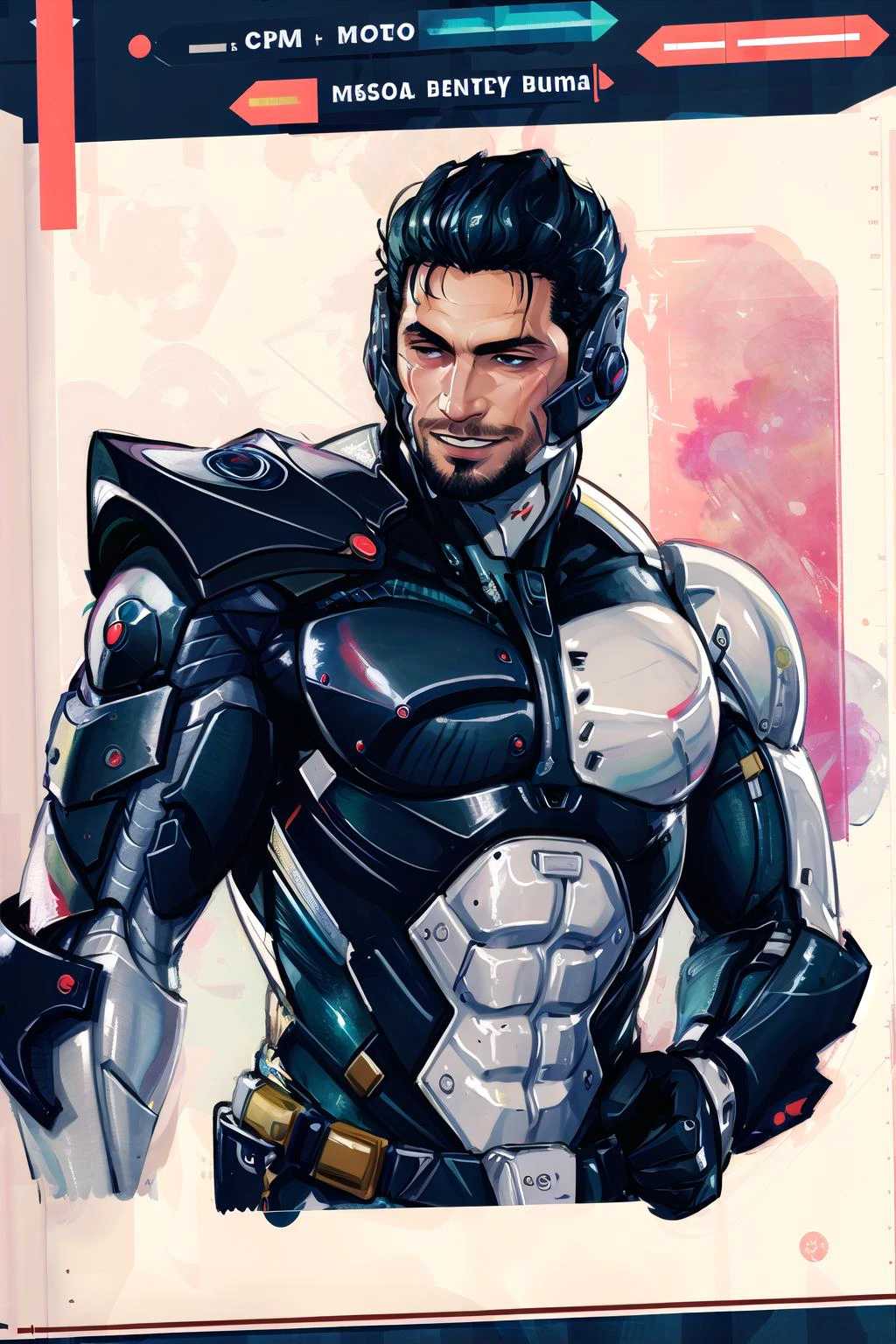 Highly detailed, High Quality, Masterpiece, beautiful, sharp focus, shiny skin, best quality, perfect anatomy:1.4, high detailed, 8k, highres, lineart, sketch, (masterpiece:1.4), (highest quality:1.4), (sharp focus:1.2), (digital painting:1.1), 8k wallpaper, (tight gap:1.2), (1boy, solo:1.5), jetstream sam, facial hair, male focus, beard, cyborg, <lora:Jetstream_Sam-09:0.7>, smile, (sketch:0.2), line-art, (traditional media:0.9), western comics (style), <lora:Style_Reiq:0.8>