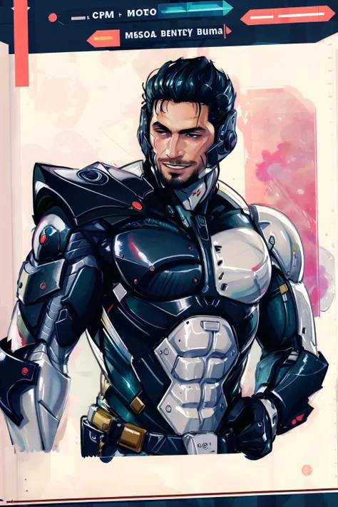 Highly detailed, High Quality, Masterpiece, beautiful, sharp focus, shiny skin, best quality, perfect anatomy:1.4, high detailed, 8k, highres, lineart, sketch, (masterpiece:1.4), (highest quality:1.4), (sharp focus:1.2), (digital painting:1.1), 8k wallpaper, (tight gap:1.2), (1boy, solo:1.5), jetstream sam, facial hair, male focus, beard, cyborg, <lora:Jetstream_Sam-09:0.7>, smile, (sketch:0.2), line-art, (traditional media:0.9), western comics (style), <lora:Style_Reiq:0.8>