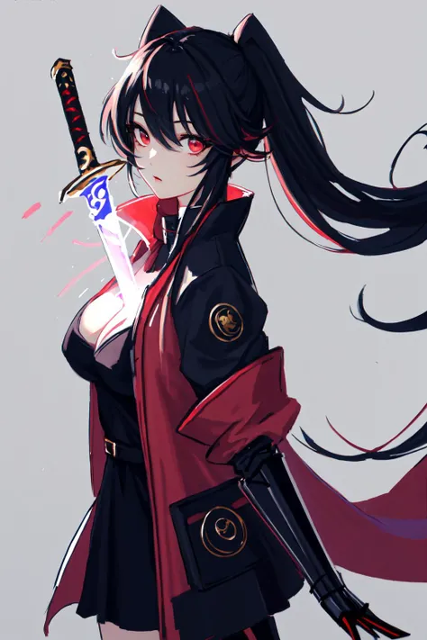 Highly detailed, High Quality, Masterpiece, beautiful, sharp focus, shiny skin, best quality, perfect anatomy:1.4, high detailed, 8k, highres, lineart, sketch, (masterpiece:1.4), (highest quality:1.4), (sharp focus:1.2), (colored:1.3), (digital painting:1.1), 8k wallpaper, (tight gap:1.2), (detailed face and eyes:1.2), (1girl, solo:1.5), (booba sword:1.4), (cowboy shot:1.1), cleavage, <lora:Pos_BoobaSword:0.8>, nice hands, perfect hands, <lora:Other_EnvyBetterHands:1>, Lucia, Twintails, Black hair, red eyes, multicolored hair, black jacket, open jacket, black dress, mechanical arms, <lora:Char_PunishingGreyRaven_Lucia:0.5>