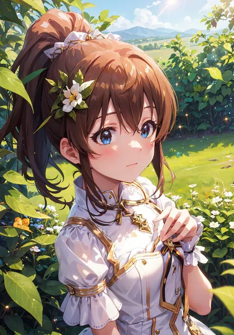 1girl, minako satake (million live), brown hair, ponytail, (best quality, 8K, masterpiece, ultra detailed:1.2), (lens flare, light particles, sparkle), depth of field, day, dappled sunlight, 1girl, solo, top hat, magical girl, fantastic scenery, meadow