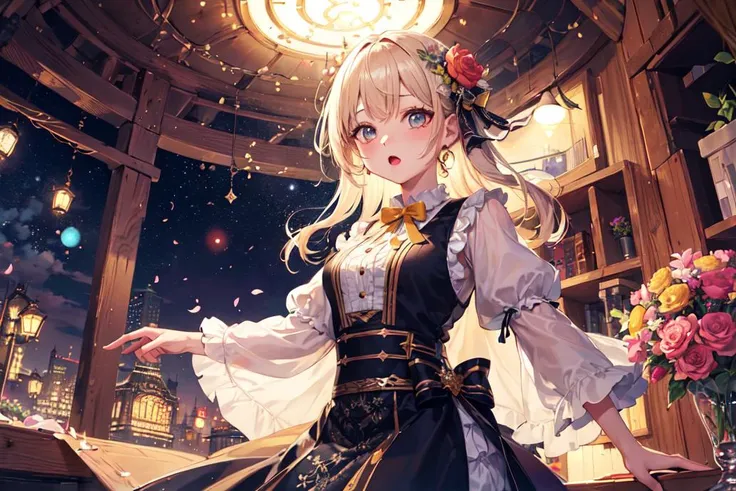 absurdres, highres, (ultra-detailed background, detailed background), extremely detailed, (1girl, solo), (kawaii:1.2), ([ flowers | yellow Light Effects | flower petal effects ]:1.3),
