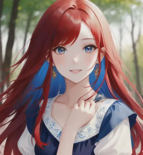 anime girl with red hair and blue eyes in a forest