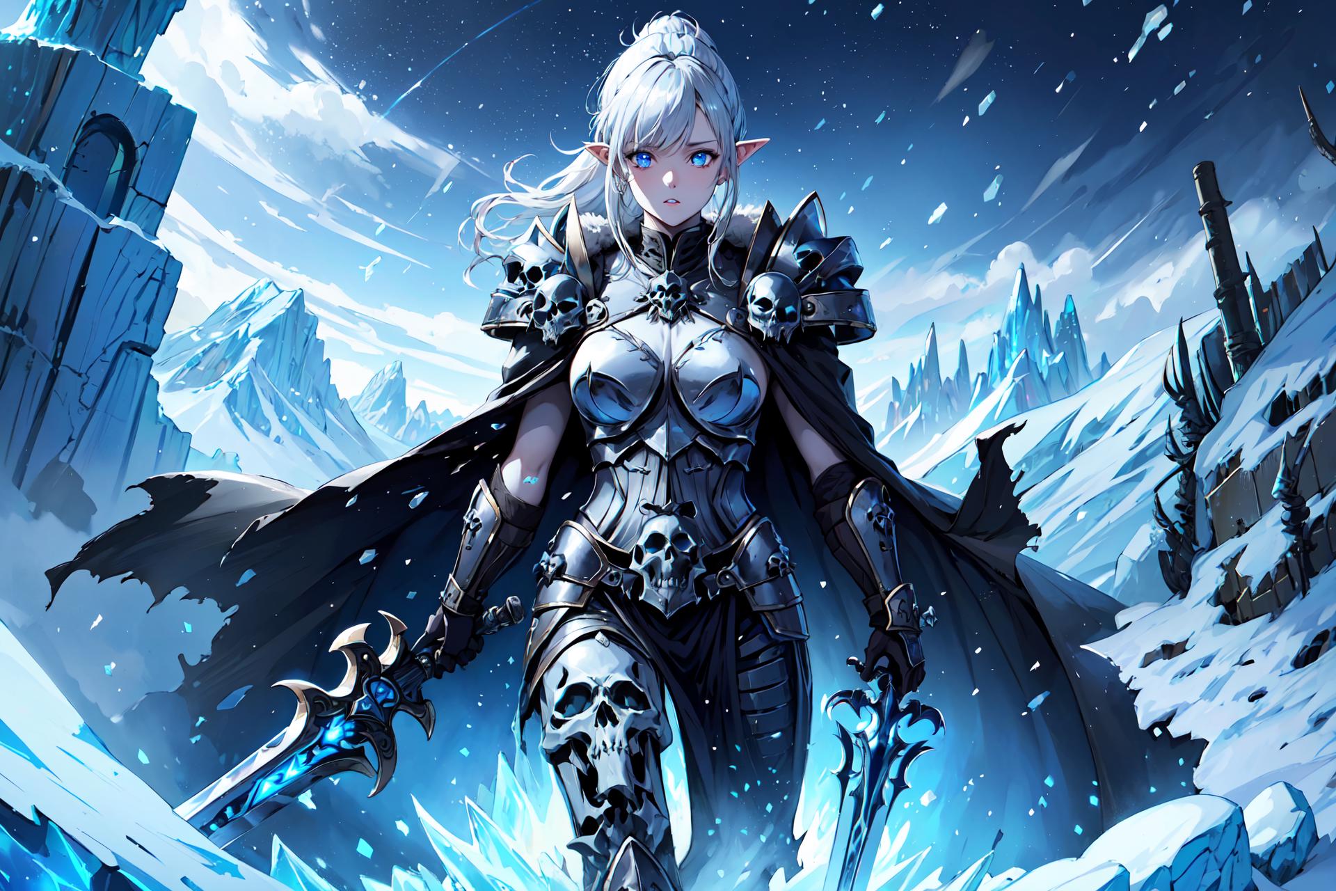 A woman in armor standing in the snow with a sword - SeaArt AI