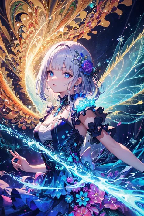 (masterpiece, top quality, best quality, official art, beautiful and aesthetic:1.2), (1girl),light painting, (long exposure:1.2),dynamic streaks, extreme detailed,(fractal art:1.3),colorful,highest detailed,chiffon dress,jewelry,flower,fairy,wings on her back,upper body