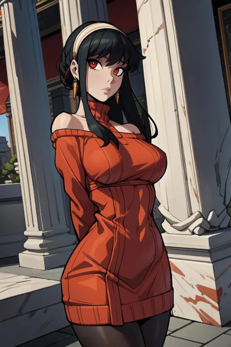 1girl, (solo:1.2), curvy, (masterpiece:1.2), (best quality:1.2), (perfect anatomy:1.4), (interacting with the viewer while facing him in a dynamic pose in motion), (arms behind back:1.3), cute, closed mouth, (large breasts:1.4), (cowboy shot:1.4), <lora:Donburikazoku [MockAi - v1.0]:0.8> donburikazoku, simple shading, simple lineart, comic style, <lora:Yor Briar [h_madoka - v1.0]:0.8> bbyorf, short hair with long locks, white hairband, red eyes, gold earrings, large breasts, jewelry, off shoulder, red sweater, sweater dress, long sleeves, black pantyhose, (roman building:1.2), (marble pillars:1.3), daylight, outside