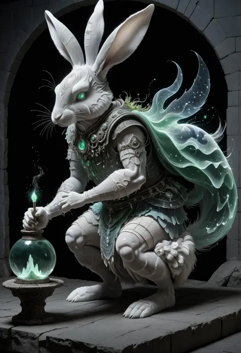 DonMW4v3F0rm5XL male moon rabbit, Mythical lunar creature,  pounding an elixir of life, immortality and longevity,  gentle and serene, connection to lunar deities,  symbol of selflessness and sacrifice, youth ripped, european, emerald eyes,  crooked nose,  soft jaw,  sloping forehead, oval face shape, athletic build, , ginger dreadlocks hair, disgust,  merging into shadows for stealth, using darkness to their advantage,  fairy wings    necromancer, darkness magic , observing the dance of magical fireflies, learning from their luminescence, halo, celestial unicorn palace, clay tiles roof,rhyolite stone,ceramic tiles, incandescent outdoor lamps, wall washers (exterior)' <lora:DonMW4v3F0rm5XL-000008:1>