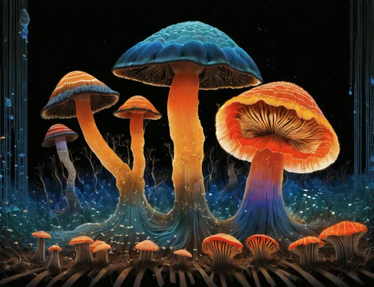 masterpiece, DonMW4v3F0rm5 indigo minute flat ribbed mushroom, crinkled texture,  fungal filaments entwined with roots, forest, lignicolous, self-illuminating, quinacridone red orange gills with hyphae, absent ring,,disintegrating veil   } ,<lora:DonMW4v3F0rm5:1>