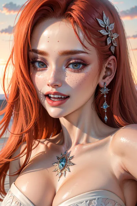 (masterpiece:1.2), (best quality:1.2) (detailed) (intricate) (8k) (HDR)
extreme close up, face, extreme close up of face, very beautiful woman, laughing, ginger woman, red hair, freckles, white clothes, robe, clouds, exterior, sky,
<lora:zoom_slider_v1:7>