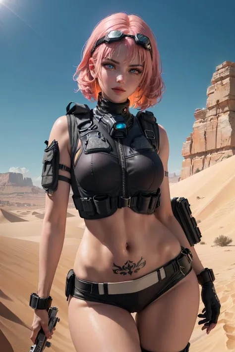 (1girl), ((desert combat outfit, holding weapon, tactical goggles, bullet vest, Fully clothed:1.4)), ((small Breasts, rounded breasts:1.3)), ((accentuated breast, large pelvic, wide hip, midriff, narrow waist, curvy waist:1.2)), ((slim, skinny waist, slender, skinny stomach:1.2)), modern hairstyle, colour streaked hair, hair highlights, ((smug face)), ((tattoo:1.1)),
masterpiece, best quality, realistic, ultra highres, depth of field, (full dual colour neon lighting:1.2), (detailed face:1.2), (detailed eyes:1.2), (detailed background:1.2), (desert, action sequences, cinematic lighting, desert storm:1.2) (masterpiece:1.2), (ultra detailed), (best quality), intricate, comprehensive cinematic, magical photography, (gradients), colorful, detailed landscape, visual key, shiny skin,