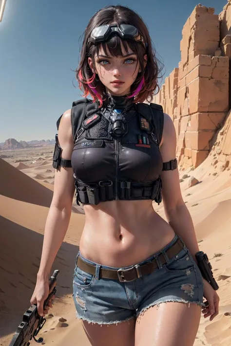 (1girl), ((desert combat outfit, holding weapon, tactical goggles, bullet vest, Fully clothed:1.4)), ((small Breasts, rounded breasts:1.3)), ((accentuated breast, large pelvic, wide hip, midriff, narrow waist, curvy waist:1.2)), ((slim, skinny waist, slender, skinny stomach:1.2)), modern hairstyle, colour streaked hair, hair highlights, ((smug face)), ((tattoo:1.1)),
masterpiece, best quality, realistic, ultra highres, depth of field, (full dual colour neon lighting:1.2), (detailed face:1.2), (detailed eyes:1.2), (detailed background:1.2), (desert, action sequences, cinematic lighting, desert storm:1.2) (masterpiece:1.2), (ultra detailed), (best quality), intricate, comprehensive cinematic, magical photography, (gradients), colorful, detailed landscape, visual key, shiny skin,