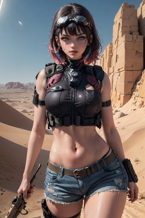 (1girl), ((desert combat outfit, holding weapon, tactical goggles, bullet vest, Fully clothed:1.4)), ((small Breasts, rounded breasts:1.3)), ((accentuated breast, large pelvic, wide hip, midriff, narrow waist, curvy waist:1.2)), ((slim, skinny waist, slender, skinny stomach:1.2)), modern hairstyle, colour streaked hair, hair highlights, ((smug face)), ((tattoo:1.1)),
masterpiece, best quality, realistic, ultra highres, depth of field, (full dual colour neon lighting:1.2), (detailed face:1.2), (detailed eyes:1.2), (detailed background:1.2), (desert, action sequences, cinematic lighting, desert storm:1.2) (masterpiece:1.2), (ultra detailed), (best quality), intricate, comprehensive cinematic, magical photography, (gradients), colorful, detailed landscape, visual key, shiny skin,