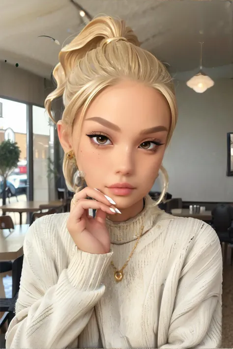 <lora:hairstyles-ponytailweave:0.5>, ponytail_weave_hairstyle, beautiful woman wearing sweater, blonde hair, coffee shop interior || masterpiece, perfect quality, sharp focus, shallow depth of field, 8k