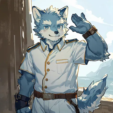 (((by milkytiger1145, by dendryte axxon))), furry, kemono, solo, young, aged down, argo, wolf, uniform, looking at viewer, evil smile, salute, amazing background, detailed eyes <lora:argo:0.4>