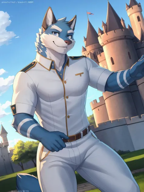 <lora:argo-09:0.8>, argo, solo, shirt, 1boy, male focus, uniform, bara, (white uniform), by zackarry911, by zaush, (by personalami:0.5), solo, male, (dynamic pose:1.3), zootopia style, detailed background, smiling, smiling, looking at viewer, (soft shading), 4k, hi res, dark theme, white pants, castle,