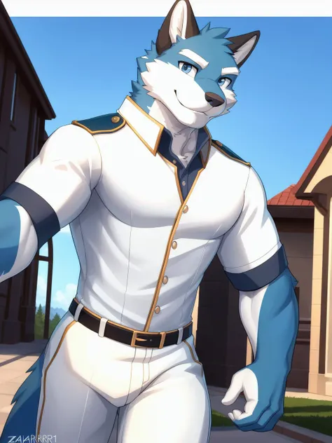 <lora:argo-09:0.8>, argo, solo, simple background, shirt, 1boy, white background, male focus, uniform, bara, white uniform, by zackarry911, by zaush, (by personalami:0.5), solo, male, (dynamic pose:1.3), zootopia style, (maple story:0.7), detailed background, smiling, smiling, looking at viewer, (soft shading), 4k, hi res, dark theme,