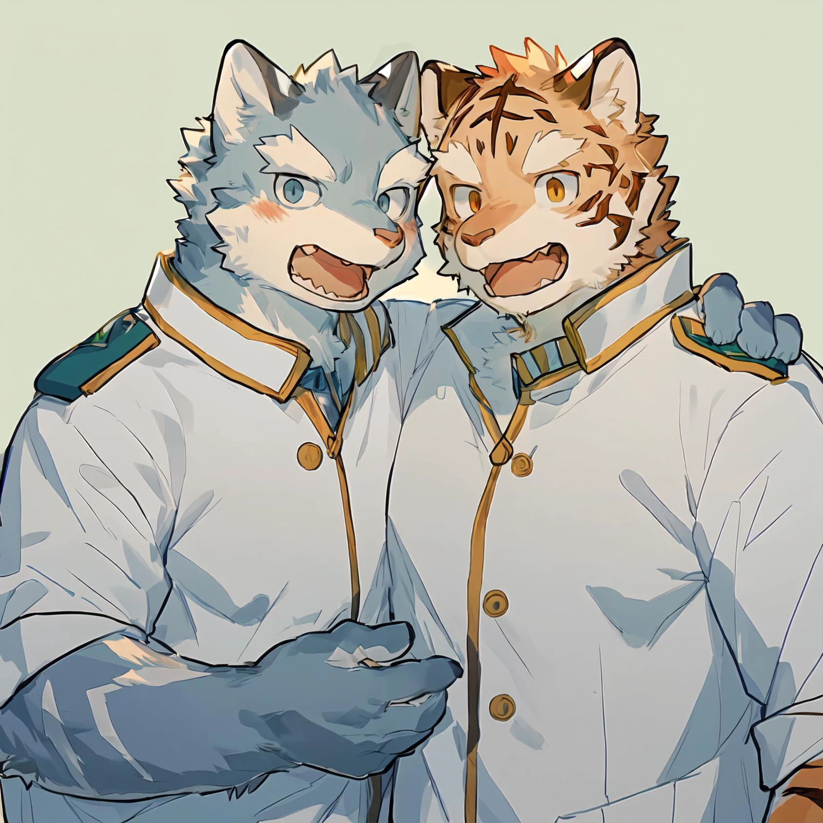(((by milkytiger1145, by dendryte axxon))), furry, kemono, duo, young, aged down, argo, indigo, wolf, white uniform, looking at viewer, arms by side, <lora:argo:0.8>
BREAK
(((by milkytiger1145, by dendryte axxon))), orange eyes, [orange|brown] ears,tiger furry,tiger ears, happy, open mouth, blush, <lora:grant:0.6>