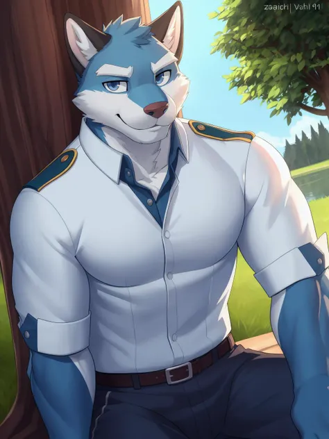 <lora:argo-09:0.8>, argo, solo, shirt, male focus, uniform, bara, (white uniform), by zackarry911, by zaush, (by personalami:0.5), solo, male, zootopia style, detailed background, smiling, smiling, looking at viewer, (soft shading), 4k, hi res, dark theme, white pants, front view, sitting, sitting at the base of a tree