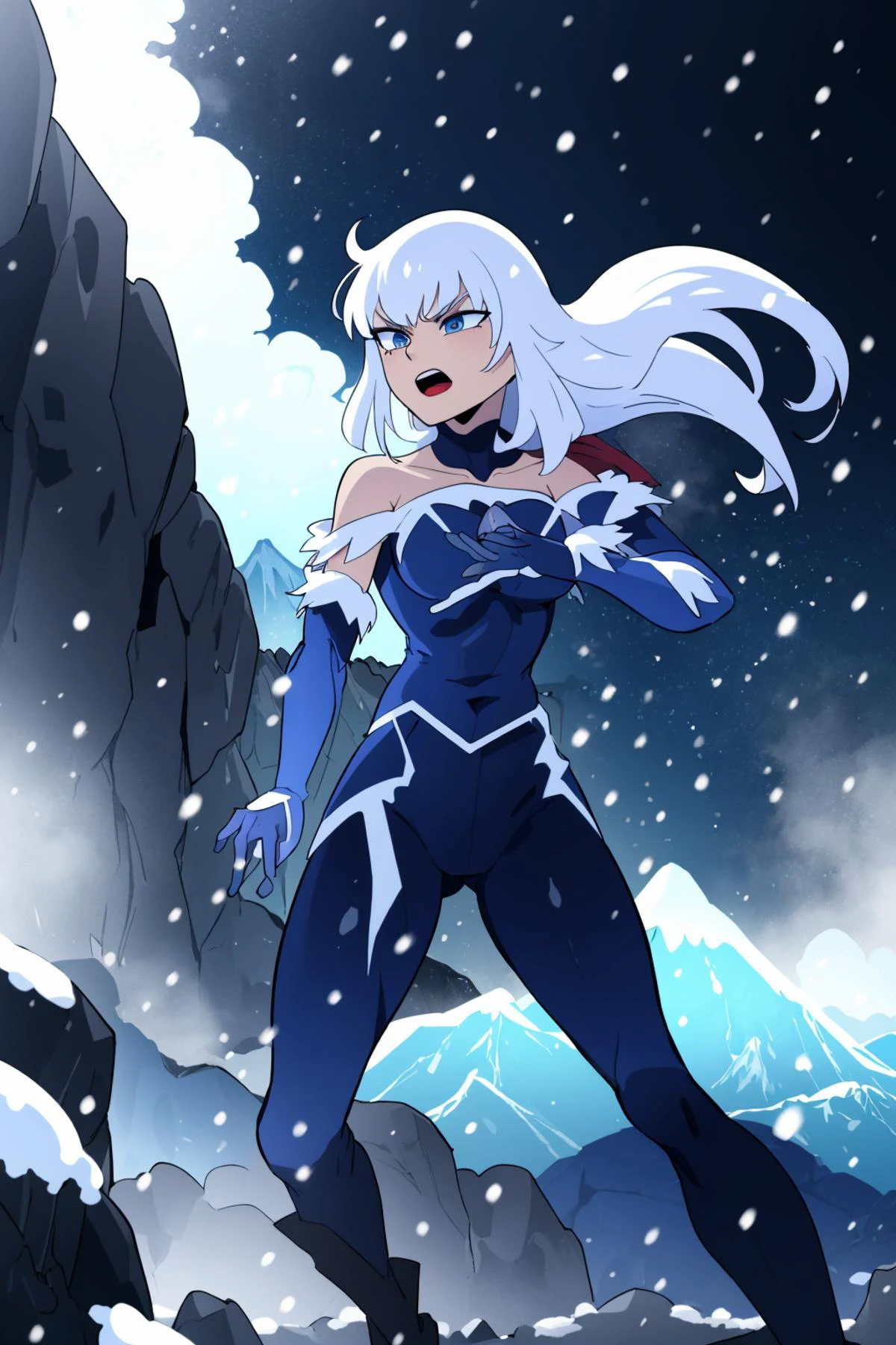 ((masterpiece)), (best quality), official art, extremely detailed CG, unity 8k wallpaper, ultra detailed,
killer_frost_suicide_squad, dynamic pose, mountain, snow, wind, storm, galaxy, nabula,
<lora:Killer_Frost_Suicide_Squad:0.7>,