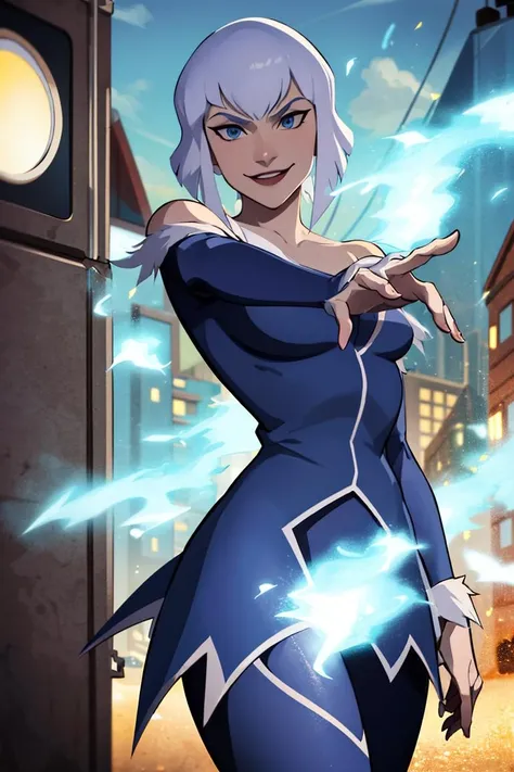 ((masterpiece,best quality)), absurdres, <lora:Killer_Frost_Suicide_Squad:0.7>, Killer_Frost_Suicide_Squad, solo, smiling, looking at viewer, cowboy shot, cinematic composition, dynamic pose
