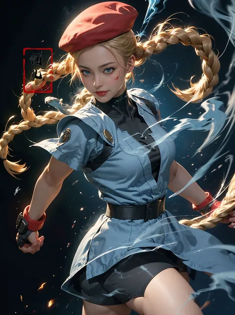 CAMMY(Blue smoke around the body, black background:1.4)
Epic CG masterpiece, from Capcom game Street Fighter, cammy, Cammy White (character name), red beret, camouflage face paint, confident smile, legendary fighting, skills, martial arts expert,lightning kick, spinning bird kick,
