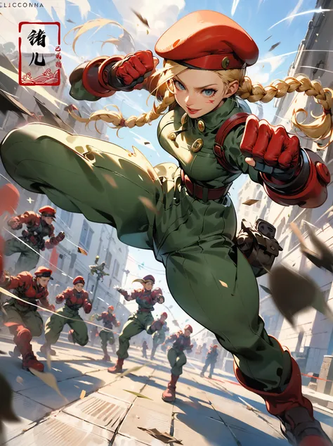 CAMMYEpic CG masterpiece, from Capcom game Street Fighter, cammy, Cammy White (character name), red beret, camouflage face paint, confident smile, legendary fighting, skills, martial arts expert,lightning kick, spinning bird kick,
<lora:~Q?-CAMMY:0.8>