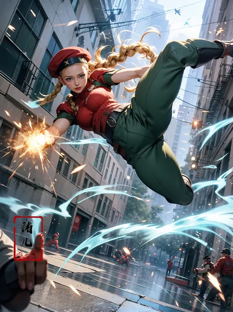 CAMMYEpic CG masterpiece, from Capcom game Street Fighter, cammy, Cammy White (character name), red beret, camouflage face paint, confident smile, legendary fighting, skills, martial arts expert,lightning kick, spinning bird kick,
jumping out between two building,stunning move,thrilling moment,high altitude,speedy,upside down,broken glass fly around,and spark,reflection,radial line,vast side view,super detail
<lora:~Q?-CAMMY:0.7>