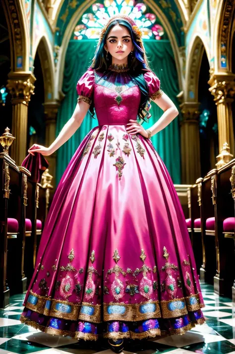 colorful render of tv_Sarah_Desjardins_A, , , clever expression, wearing an ornate wedding dress, elegant makeup, pink lips, standing by the altar, ornately detailed glass mosaic in the background, ((full body shot)),, 8k resolution, highres, high detail, sharp focus, detailed skin, 8k uhd, bokeh, analog photography