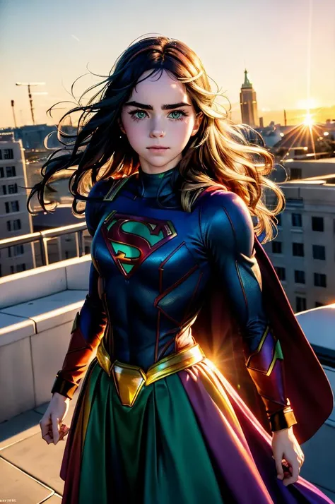 colorful render of tv_Sarah_Desjardins_A, , , wearing a supergirl costume, standing on a rooftop, windblown hair, sunset in the background,, 8k resolution, highres, high detail, sharp focus, detailed skin, 8k uhd, bokeh, analog photography