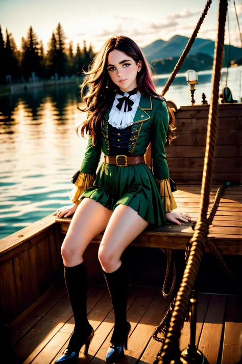 colorful render of tv_Sarah_Desjardins_A, , , haughty expression, wearing a pirate costume, on the deck of a pirate ship, in the golden hour, fire, smoke, debris, ((full body shot)),, 8k resolution, highres, high detail, sharp focus, detailed skin, 8k uhd, bokeh, analog photography