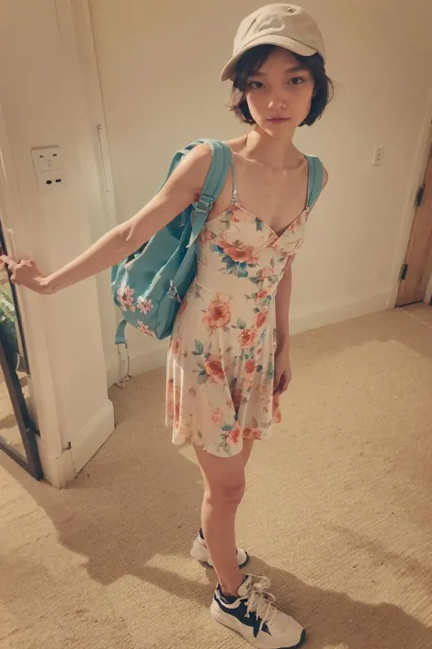 (masterpiece, RAW photo, highly detailed), a photo of yum1 woman wearing (long floral dress, sneakers, backpack, fishing hat), (short hair), (slim and skinny body, small breast), indoor, standing, <lora:Yumi:0.8>, fullbody, professional photoshoot, <lora:epiCRealismHelper:1>, taking a selfie mirror