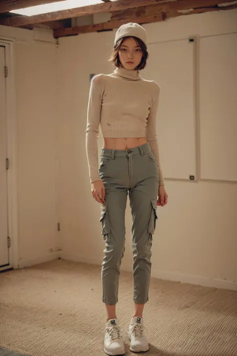 (masterpiece, RAW photo, highly detailed), a photo of yum1 woman wearing (turtleneck sweater, cargo pants, sneakers, backpack, fishing hat), (short hair), (slim and skinny body, small breast), indoor, standing, <lora:Yumi:0.8>, fullbody, professional photoshoot, <lora:epiCRealismHelper:1>