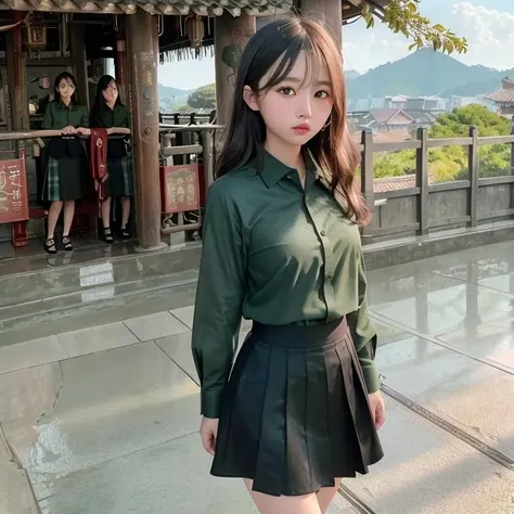 masterpiece,best quality, realistic, RAW photo, film grain,32k ,8k uhd, (small breast),((3 girls)),((multiple girls:1.5)), solo, (masterpiece, finely detailed beautiful eyes and face: 1.6), smil,realistic, Ray Tracing, dramatic, ((16 years old)) korean cute girls, (Baby Face: 1.0), ( blush:0.8), (big eyes), messy hair,blurry, looking at viewer, standing from a taiwanese_temple background ,break (((dark green collared shirt))) ,break ((black skirt)), full body,<lora:taiwanese_temple_first-ver:1>,uwabaki,whit socks,
,masterpiece,best quality,highly detailed,FHD,1080P.2K.4K.8K, (colored photography), <lora:koreanDollLikeness_v10:0.2> <lora:chilloutmixss_xss10:0.3><lora:japaneseDollLikeness_v10:0.2>