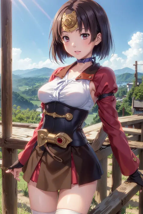mumei_\(kabaneri\),(8k, RAW photo, best quality, masterpiece:1.2), (realistic, photo-realistic:1.37),best quality,(photorealistic:1.4)best quality, beautiful lighting,1girl,looking_at_viewe,bandages, (bandaged_leg), short_hair, breasts, ribbon_choker, solo, choker, brown_eyes, brown_hair, bandaged_leg,japanese_clothes,(fingerless_gloves),red_eyes, corset, purple_ribbon,blue_bow,(leg_wrap), howlbgs, mountains, clouds,(face),sash,on the beach, (sad)