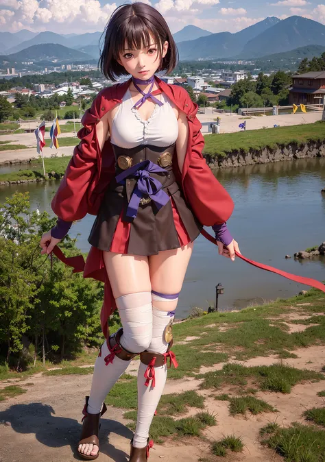 mumei_\(kabaneri\),(8k, RAW photo, best quality, masterpiece:1.2), (realistic, photo-realistic:1.37),best quality,(photorealistic:1.4)best quality, beautiful lighting,1girl,looking_at_viewe,bandages, (bandaged_leg), short_hair, breasts, ribbon_choker, solo, choker, brown_eyes, brown_hair, bandaged_leg,japanese_clothes,(fingerless_gloves),red_eyes, corset, purple_ribbon,blue_bow,(leg_wrap), howlbgs, mountains, clouds,(face),sash