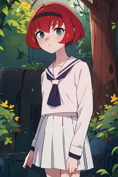 ((masterpiece)), (best quality), official art, extremely detailed CG, unity 8k wallpaper, ultra detailed, highly detailed, detailed background, vivid color, photorealistic, perfect lighting, best illumination,
1girl, dorothy, green eyes, brown hair, pale skin, expressionless, close-up face,
<lora:dorothyV2:1>, forest,
school uniform, (serafuku:1.3), long sleeves, white shirt, white skirt, red tie,
