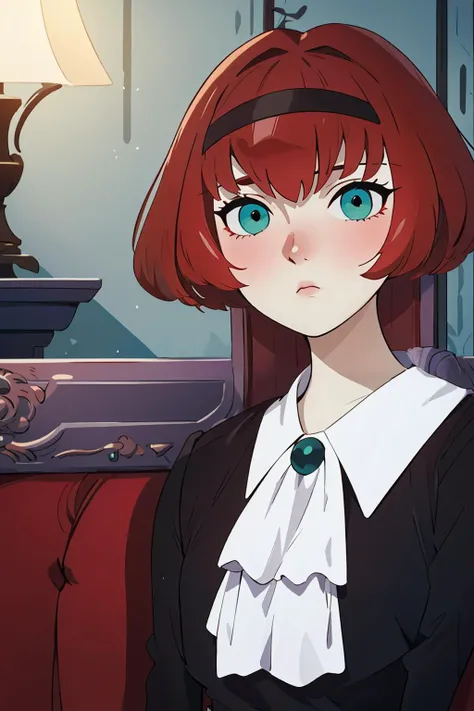 ((masterpiece)), (best quality), official art, extremely detailed CG, unity 8k wallpaper, ultra detailed, highly detailed, detailed background, vivid color, photorealistic, perfect lighting, best illumination,
1girl, dorothy, green eyes, brown hair, pale skin, black clothes, expressionless, upper body,
<lora:dorothyV2:1>, aristocratic palace, luxury room,
\